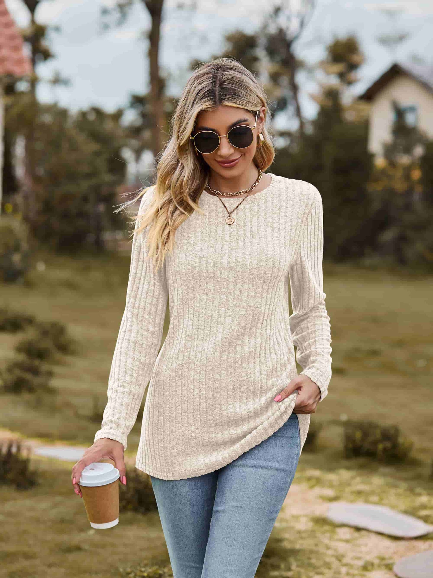 Ribbed Round Neck Long Sleeve Tee