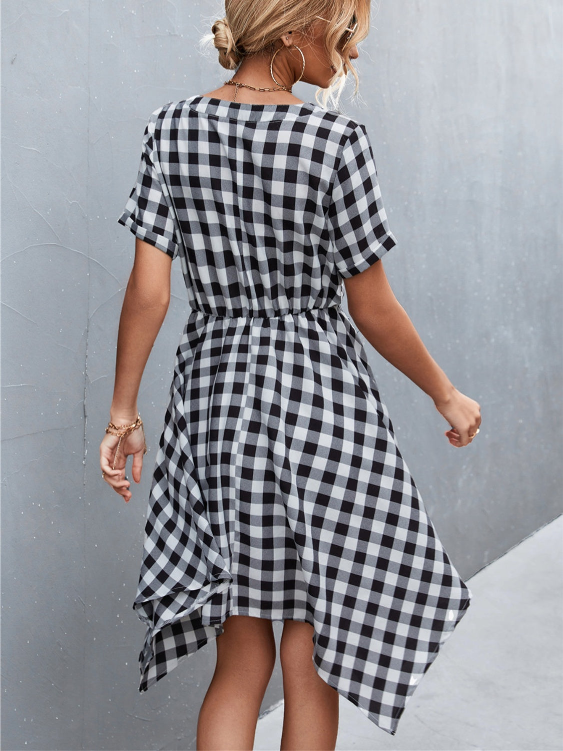 Plaid Notched Short Sleeve Dress