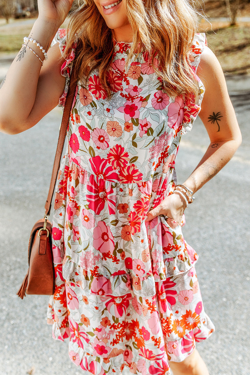 Ruffled Printed Mock Neck Dress