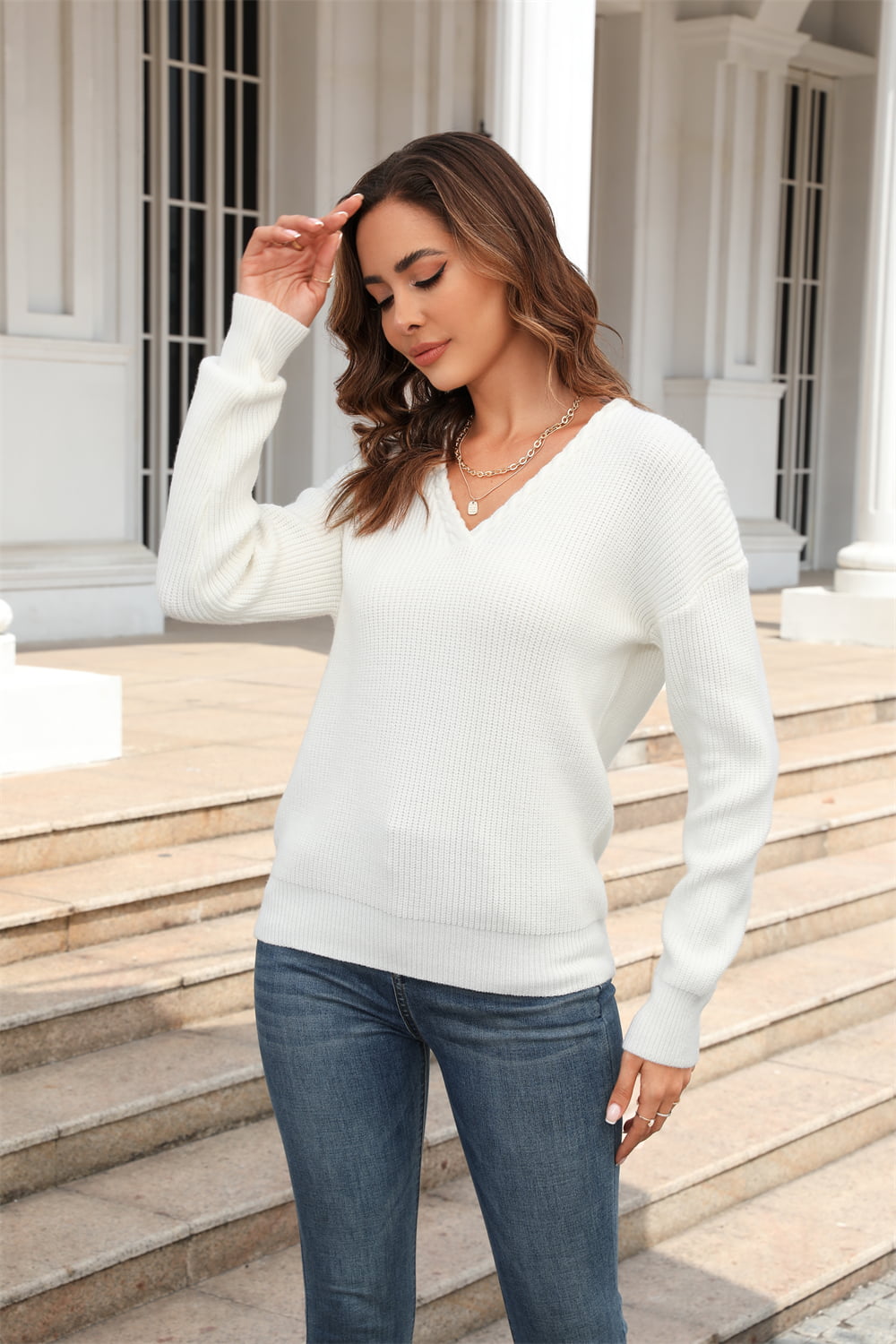 Ribbed V-Neck Dropped Shoulder Knit Top