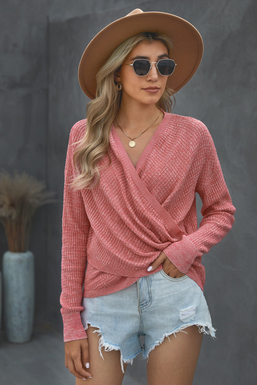 V Neck Wrap Front Knitted Top