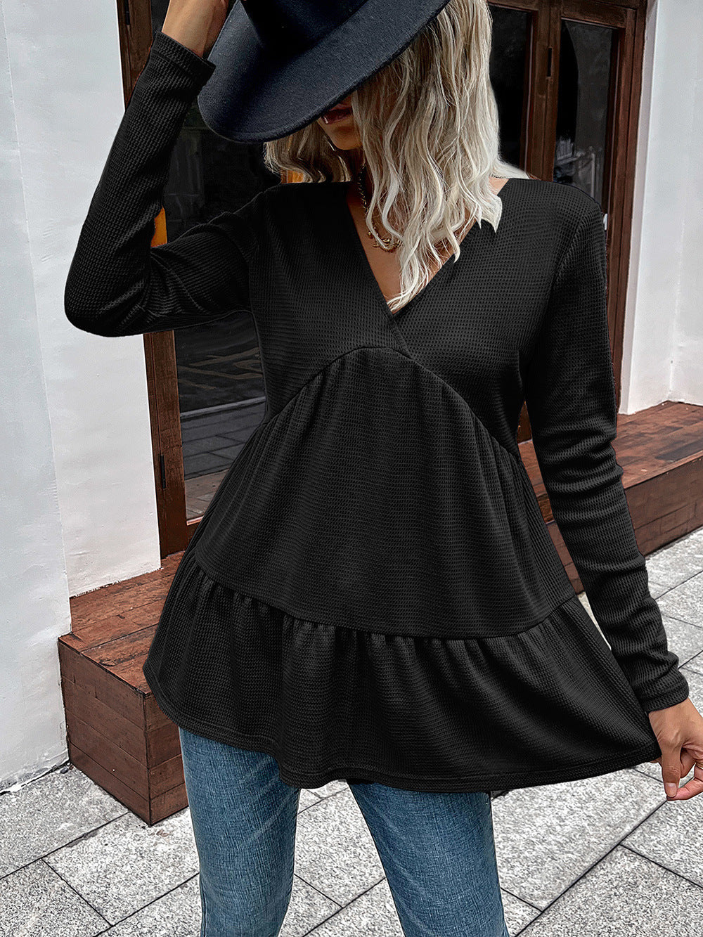 Waffle-knit V-Neck Long Sleeve Blouse