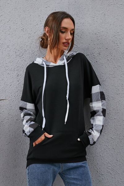 Plaid Drawstring Dropped Shoulder Hoodie