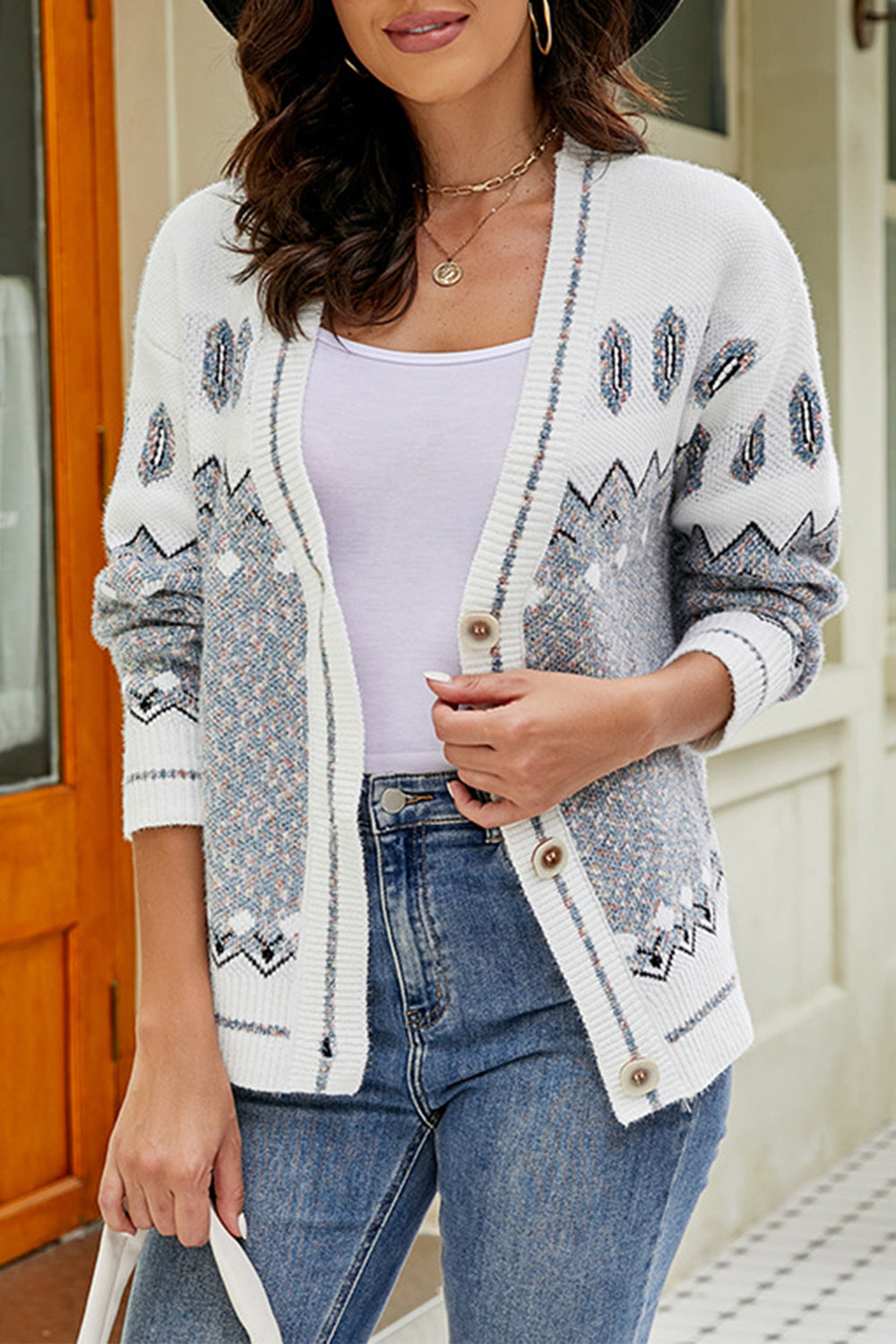 Printed V-Neck Buttoned Cardigan