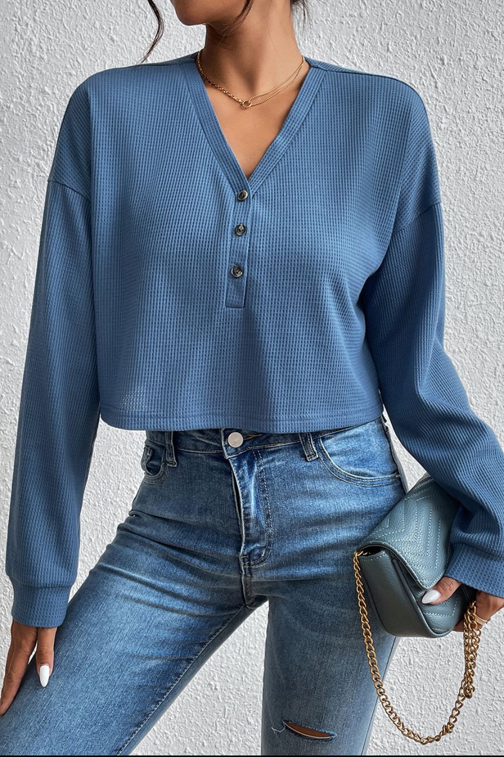 Cropped V-Neck Raglan Sleeve Buttoned Blouse