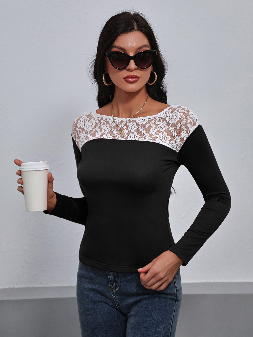 Lace Trim Long Sleeve Round Neck Tee