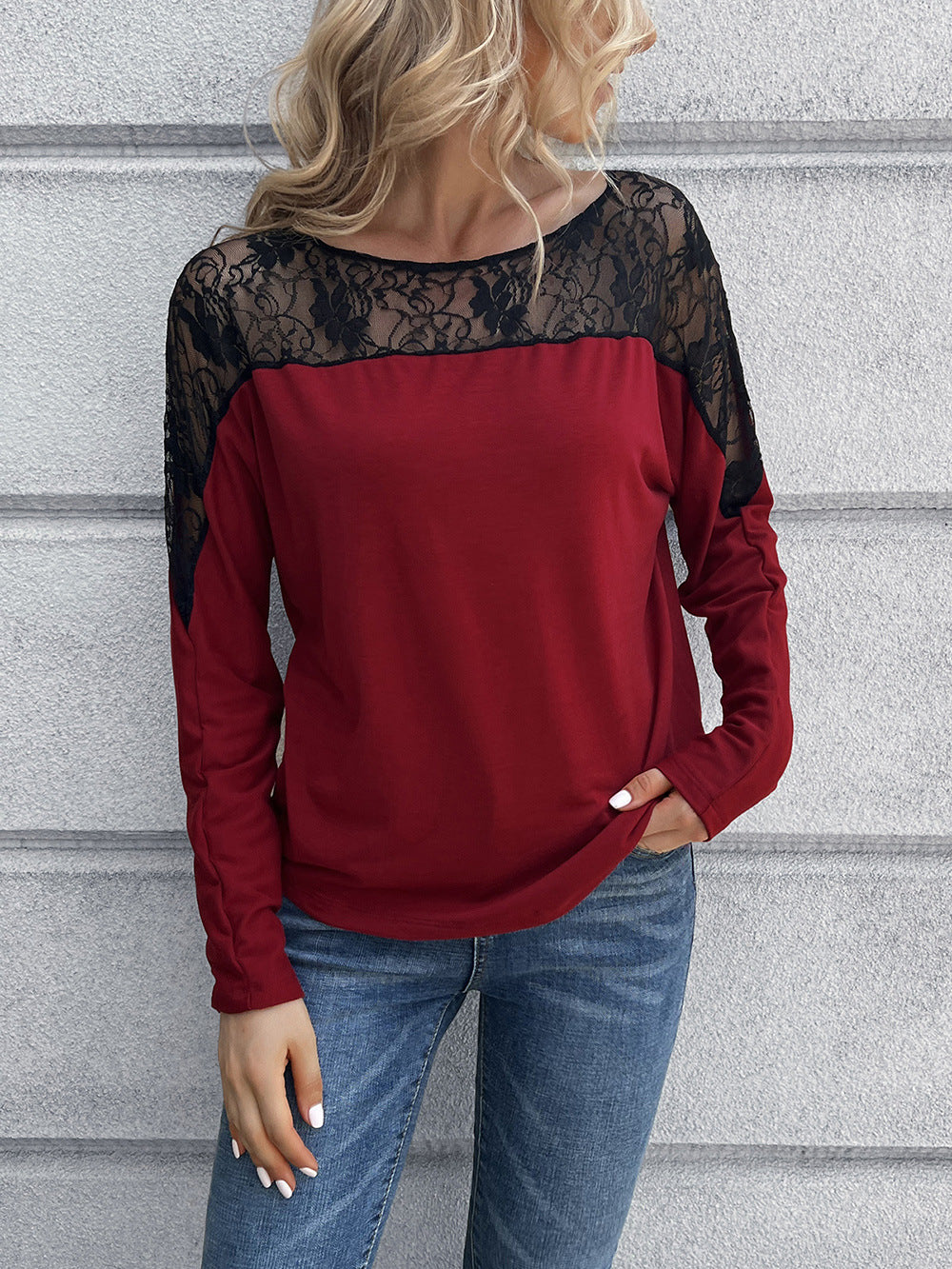 Lace Long Sleeve Round Neck Tee